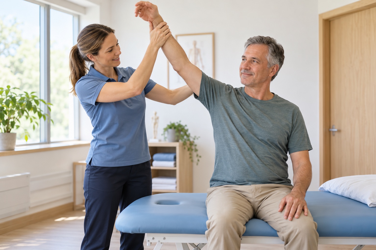 A physiotherapist gently assessing a seated client’s shoulder movement in a bright treatment room
