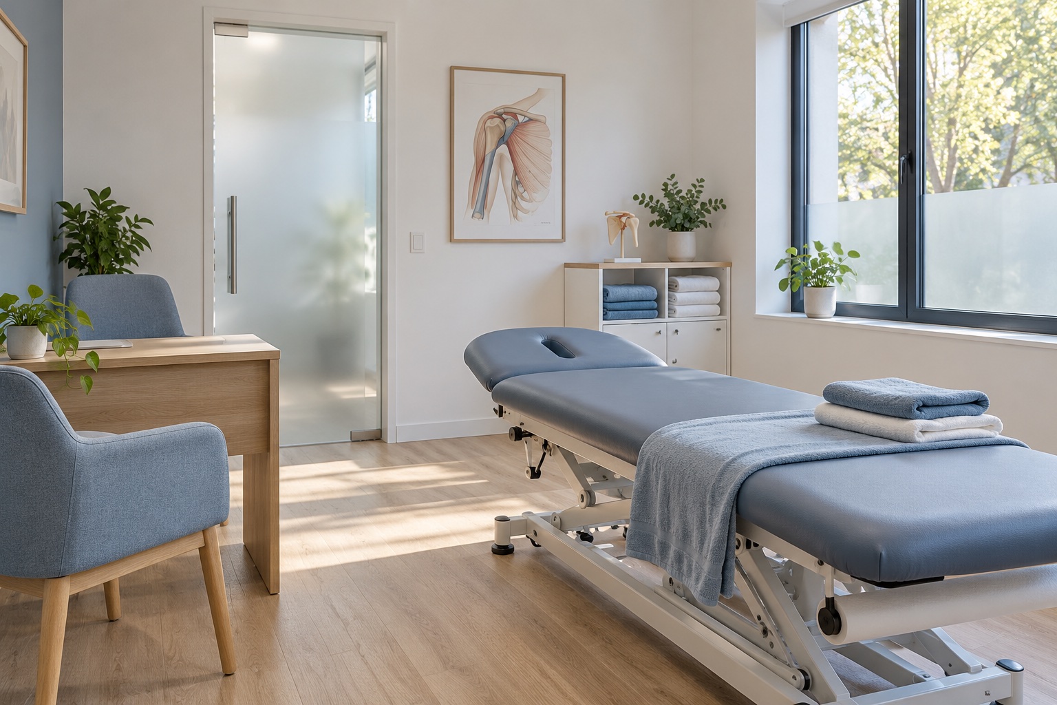 A calm, light-filled physiotherapy treatment room